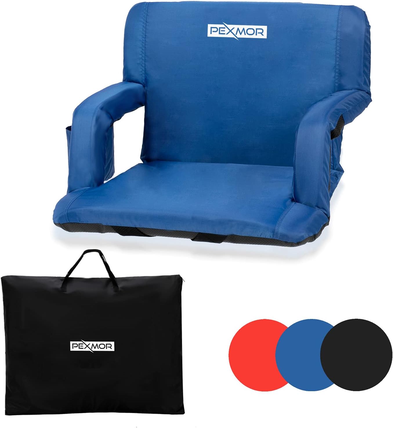 PEXMOR Wide 25''/21'' Stadium Seats for Bleachers with Back Support & Carrying Bag, Reclining Chair with Two Pockets for Drinks, Portable Padded Shoulder Straps, Armrests, Waterproof Anti-Slip Bottom Blue 21''w