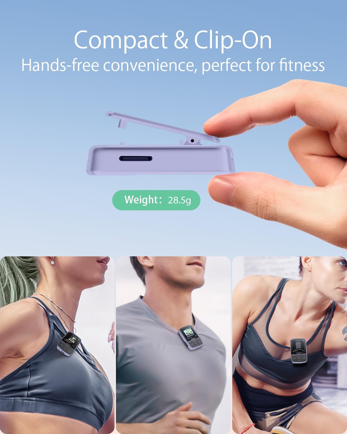 Yoton MP3 Player with Bluetooth 5.2, 64GB Storage, Mini Size, HiFi Music, with Sports Clip, Independent Volume Control, FM Radio, Includes Headphones (Purple) - Image 3