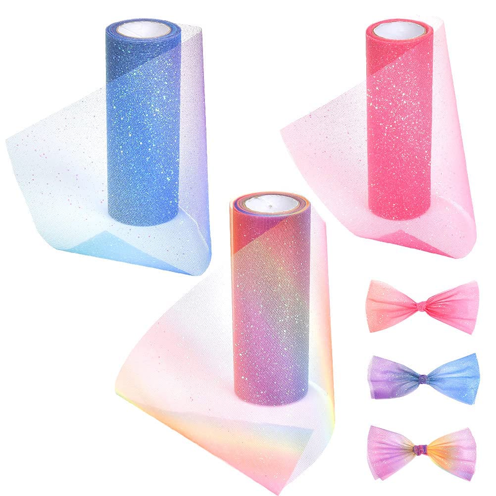 3 Pcs Rainbow Glitter Tulle Ribbon Rolls, Shaft Gradient Mesh Rolls Photo Background for Desk Chair Belt Butterfly Holiday Gift Ribbon Hair Accessories for Kids, 6" X 30 Yards (rainbow, Pink, Blue)