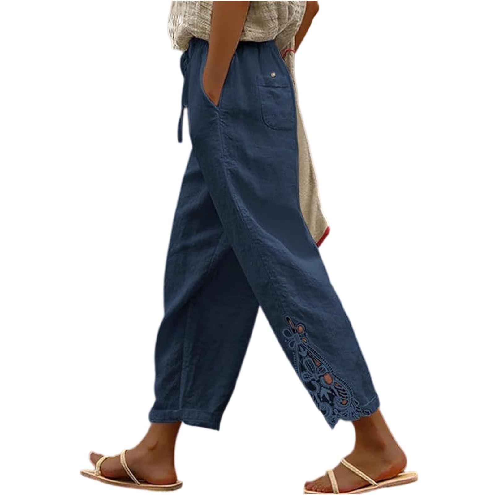 Cropped Linen Pants Women Wide Leg Casual Loose Side Lace Palazzo Pants Elastic Waist Beach Pant Gauze Crop