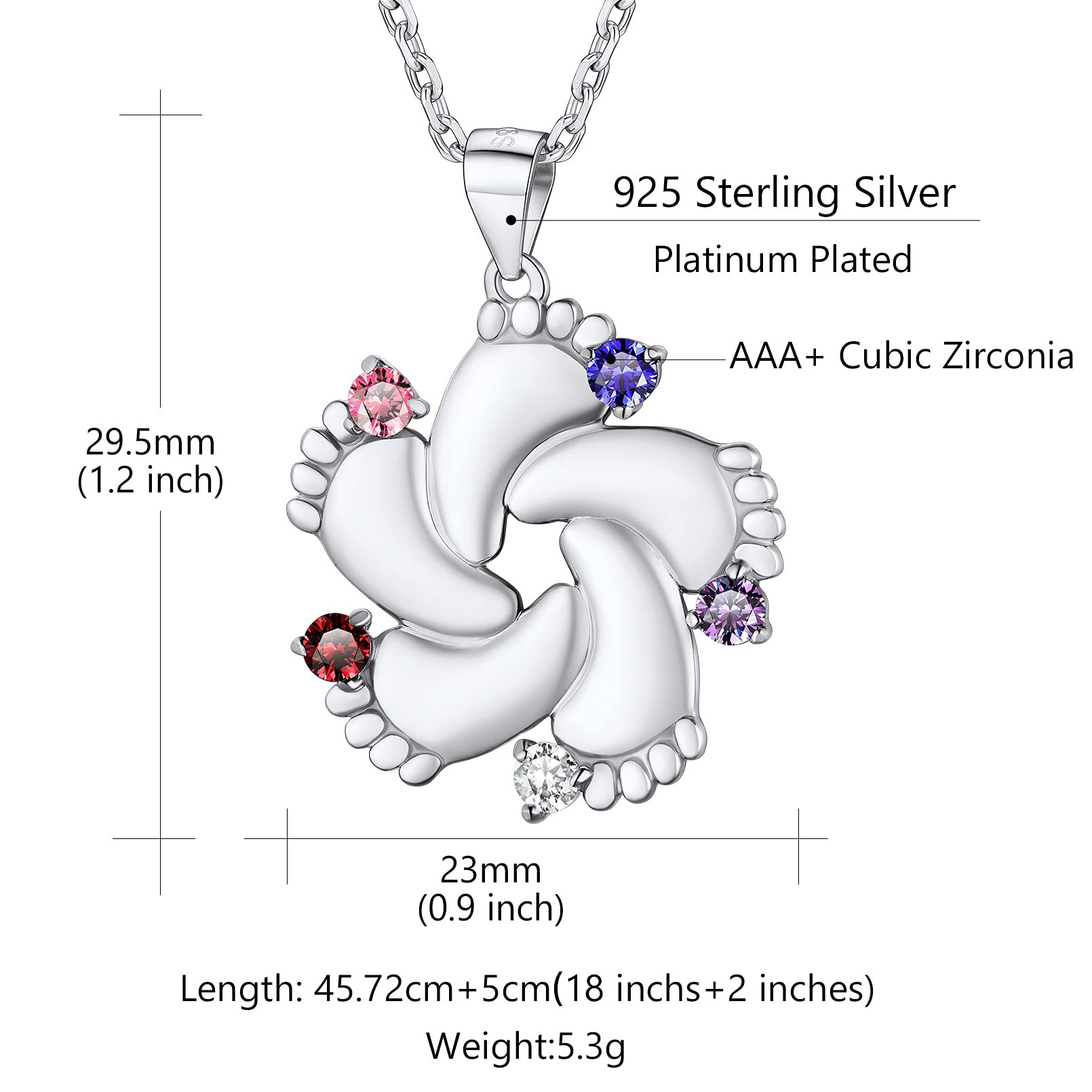 Custom4U Collana con Piedi Bambino Tridimensionale Pietra Portafortuna in Argento S925 1-5 Nomi Inciso Catena Regolabile 45+5 cm AAA Cubic Zirconia Birthstone 12 Mesi Collana da Donna