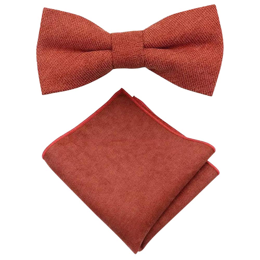 Db Dickie Bow Men's Rusty Burnt Orange Luxury Cotton Blend Pre-Tied And Adjustable Bow Tie & Pocket Square Set (Rust Burnt Orange) - Suitable For Formalwear, Office, Weddings, Parties, Grooms & Grooms Outfits