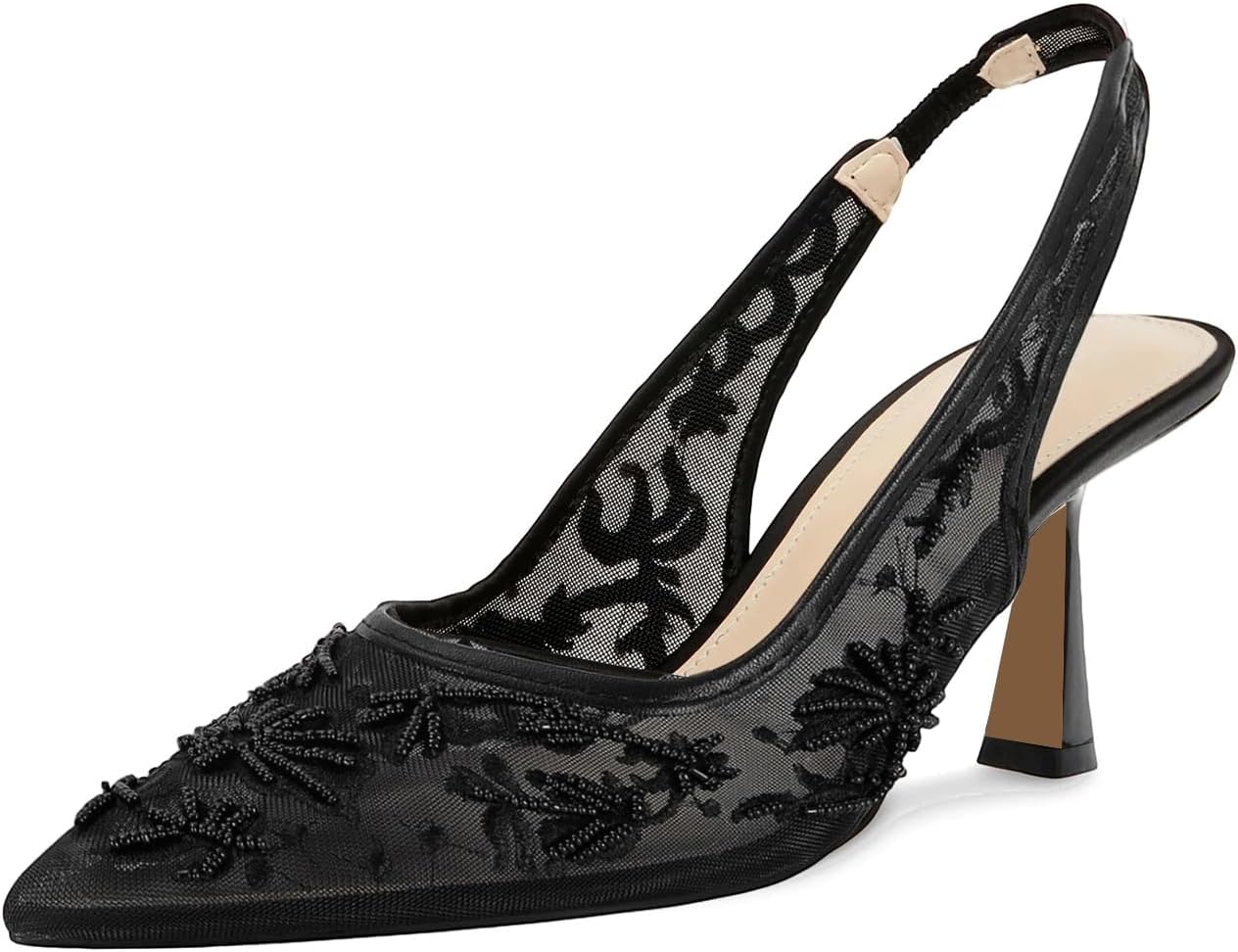 Lace Mesh Slingback Heels for Women Embroidered Kitten Heels Bridal Shoes Pointed Toe Wedding Pumps