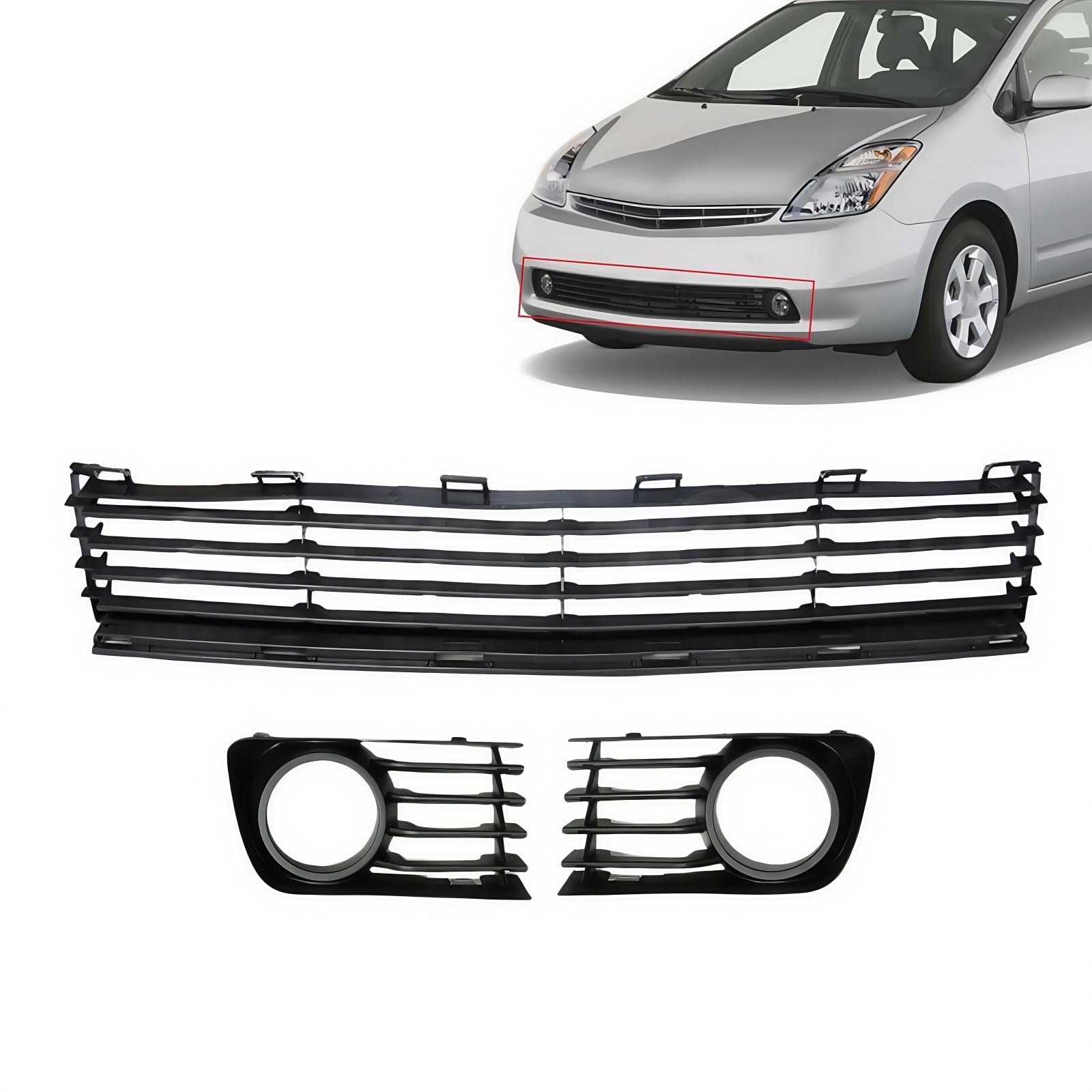 Front Lower Bumper Grille Fog Light Bezels kit Black For 2004-2009 Toyota Prius Front Lower Bumper Grille Replacement 53111-47010 53113-47030 53112-47030 TO1036112 TO1038118 TO1039118