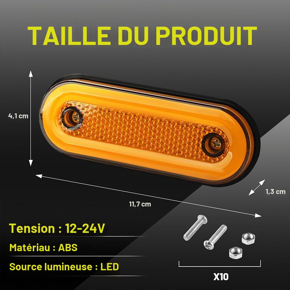 10PCS Feux de Position Latéraux LED pour Camion Montage en Surface, Ambre Scellé Feux de Gabarit Latéraux 12-24 V, Feux de Position Latéraux étanches IP68 pour Remorque, Camion, Bateau