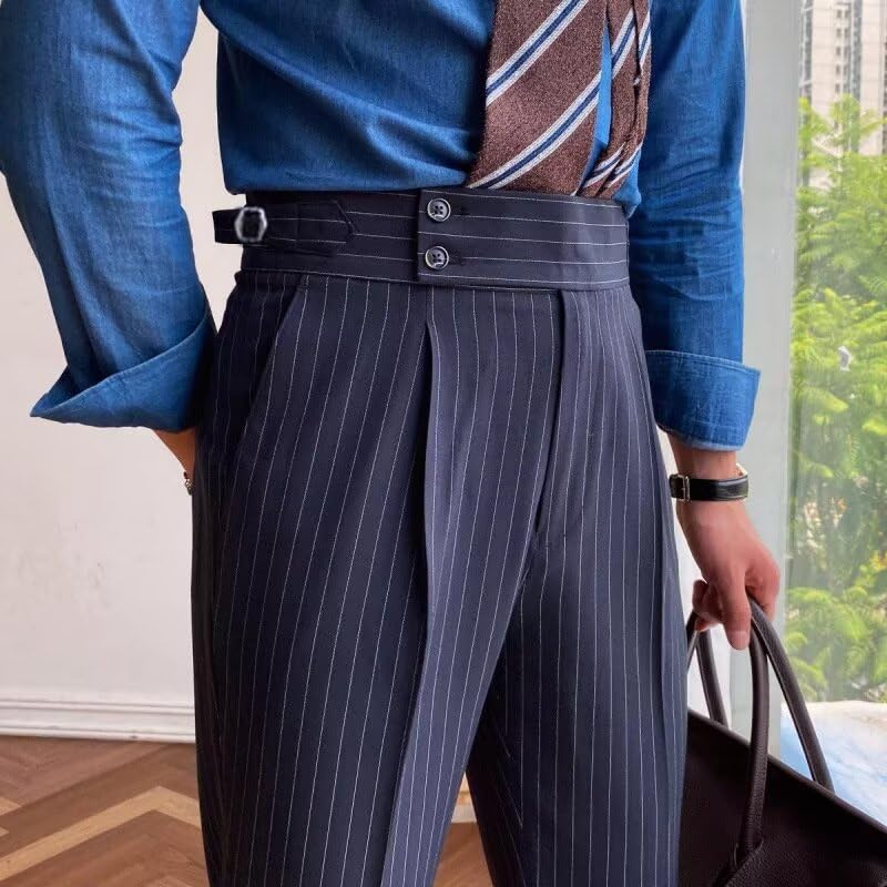 Men's Pinstripe Dress Pants Flat Front Gurkha Striped Suit Pants Slim Fit Lightweight Work Office Business Trousers 6