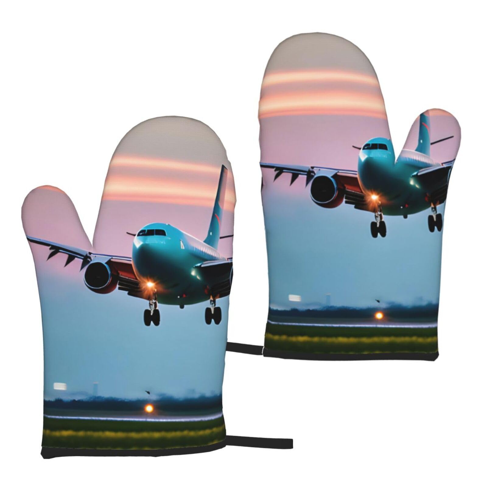 Airplane In The Evening Lights Print Heat Resistant Universal Fit Oven Microwave Gloves Home Cooking Baking Grilling