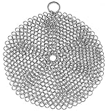 Stainless Steel Cast Iron Skillet Cleaner Chainmail Cleaning Scrubber With Hanging Ring for Cast Iron Pan,Pre-Seasoned Pan,Griddle Pans, BBQ Grills and More Pot Cookware-Round 7 Inch Diameter