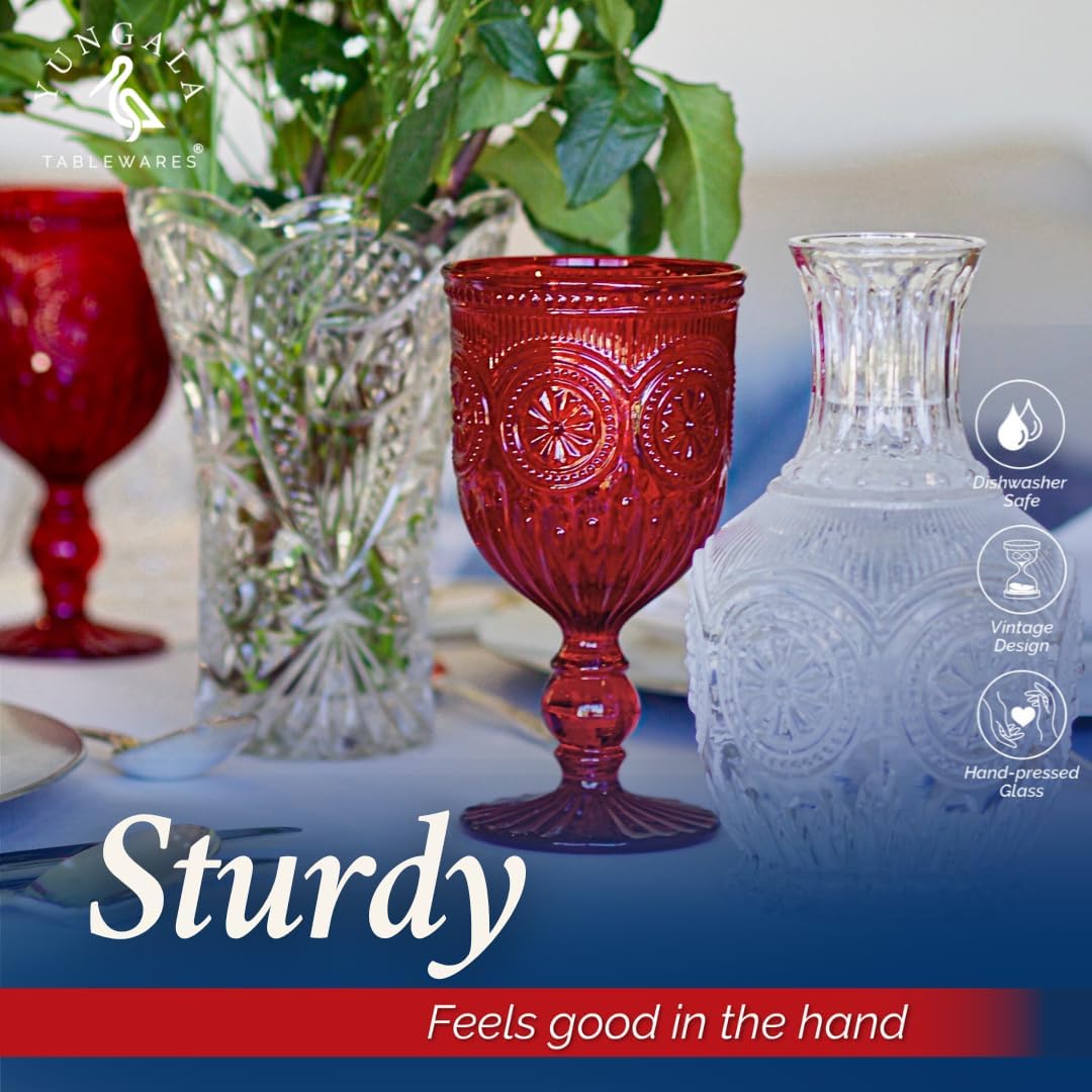 Yungala Red and clear vintage Glassware Bundle - Red Colored Wine Glasses and Clear Vintage Highball Glasses - Glassware Sets with Sunflower Emboss Design