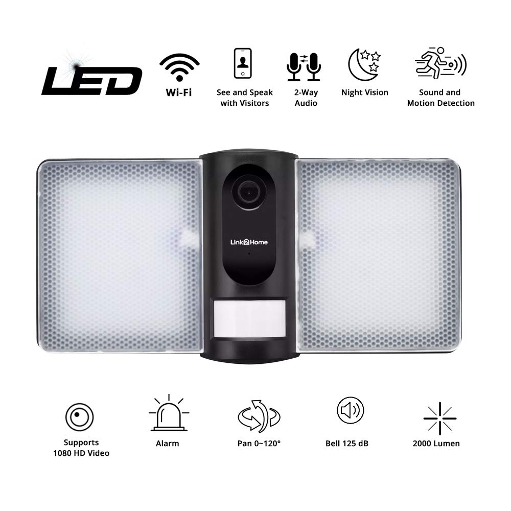 Link2Home Reflector Exterior con cámara, Alarma y PIR - FloodlightCam Sensor de Movimiento Seguridad para el hogar en el jardín, Garaje, Aparcamiento