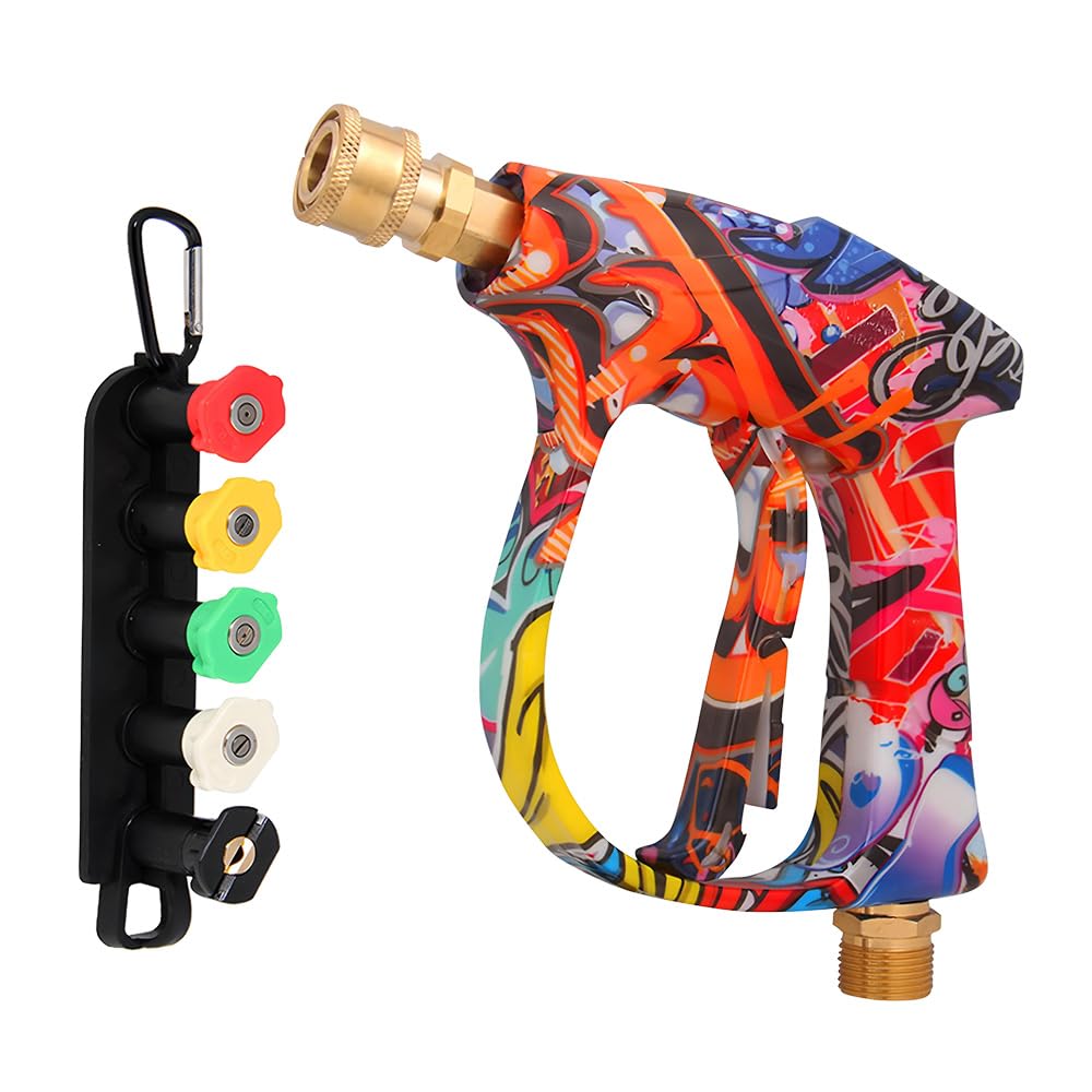 CLIUNT Short High Pressure Washer Gun, Stubby Pressure Washer Gun, Car Wash Gun 4350 PSI, with M22 14MM Fitting Hose Connector and 5 Nozzles, 1/4'' Quick Connector for Karcher K1-K7, for Car Cleaning