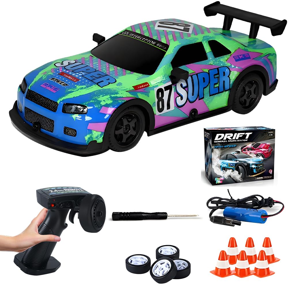 KBIBCK RC Drift Car 1:22, 2.4Ghz Remote Control Car with Cool Lights & Spare Tires, 30km/h High Speed 4WD Racing RC Drifting Cars, Rechargeable RCs Racing Cars for Adults Kids Drift and Race (Green)