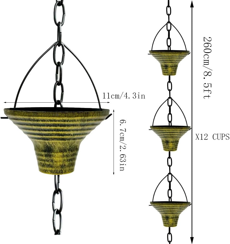 Artistic Wrought Iron Rain Chain | 12-Cup Design with Textured Pattern | 260cm (8.5ft) | Yellow, Blue, Black | Garden Water Drainage Decor (Yellow)