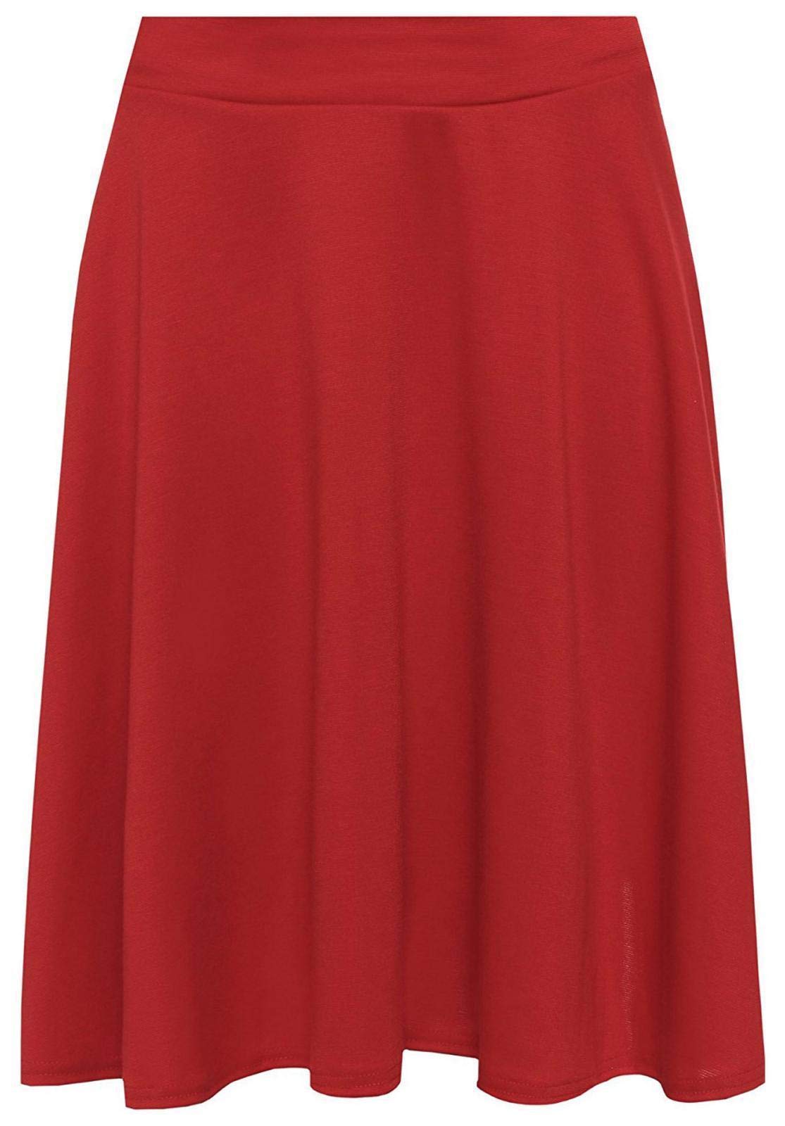 Girlzwalk Women's Red Plain Soft Stretch Elasticated Waistband Knee Length Full Fla Swing Skater Midi Skirt (, Uk - 16)
