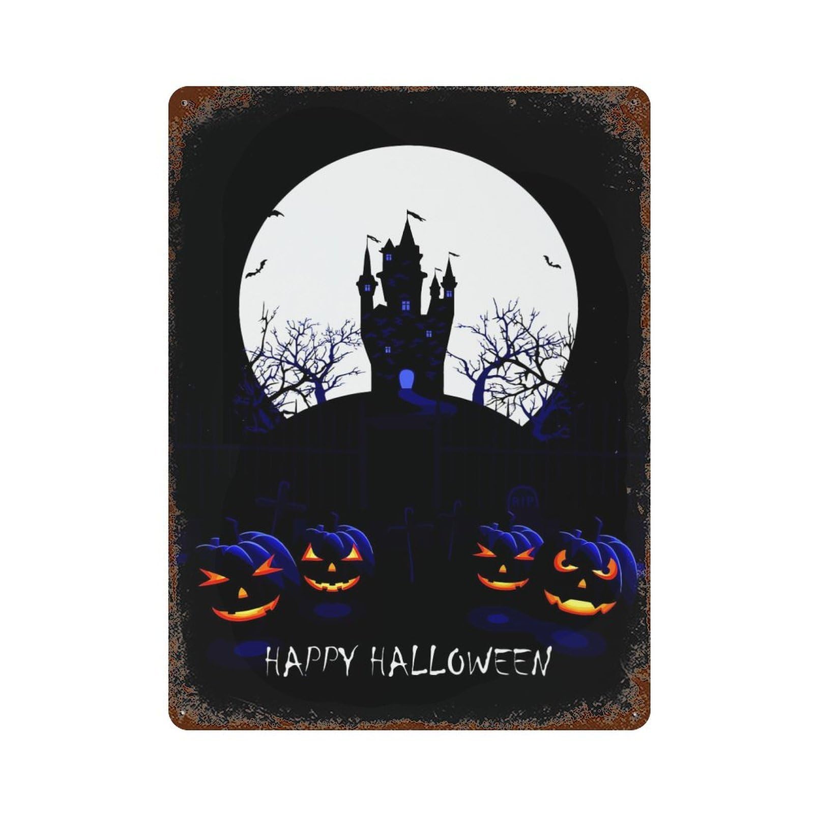 Halloween Castle & Pumpkins Aged Metal Wall Plaque 15.7"x11.8", Industrial Home Decor for Pub, Kitchen And Man Cave Decor