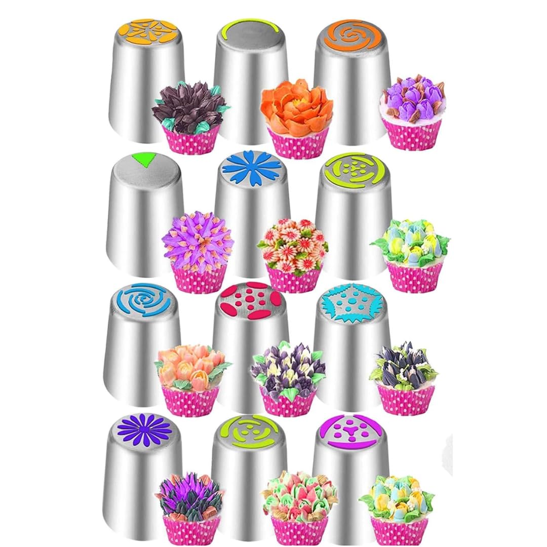 LEGACYCART 12 PCS Russian Piping Tips, Piping Bags and Tips Set, 12 Flower Frosting Tips Nozzles for Cake Decorating, Baking Supplies for Cupcake Cookie Any (12 Design)