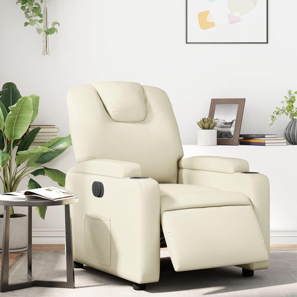 Sillón de relax eléctrico de piel sintética con función reclinable, 135 grados, soporte para bebidas y bolsillo lateral, marco de madera y metal, soporta hasta 110 kg, color crema