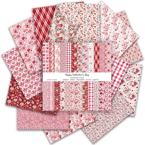 Valentines Pattern Paper Double Sided Decorative Scrapbook Craft Paper Heart Red Pink Cardstock for Valentines Craft Supplies Card Making Scrapbooking (12 Design 24 Sheet 6 x 6 Inch)