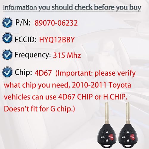 Miniatura 2 de Llavero de entrada sin llave compatible con Toyota Camry 2007 2008 2009 2010 2011  Corolla 2009 2010 Control remoto de reemplazo de llave HYQ12BBY