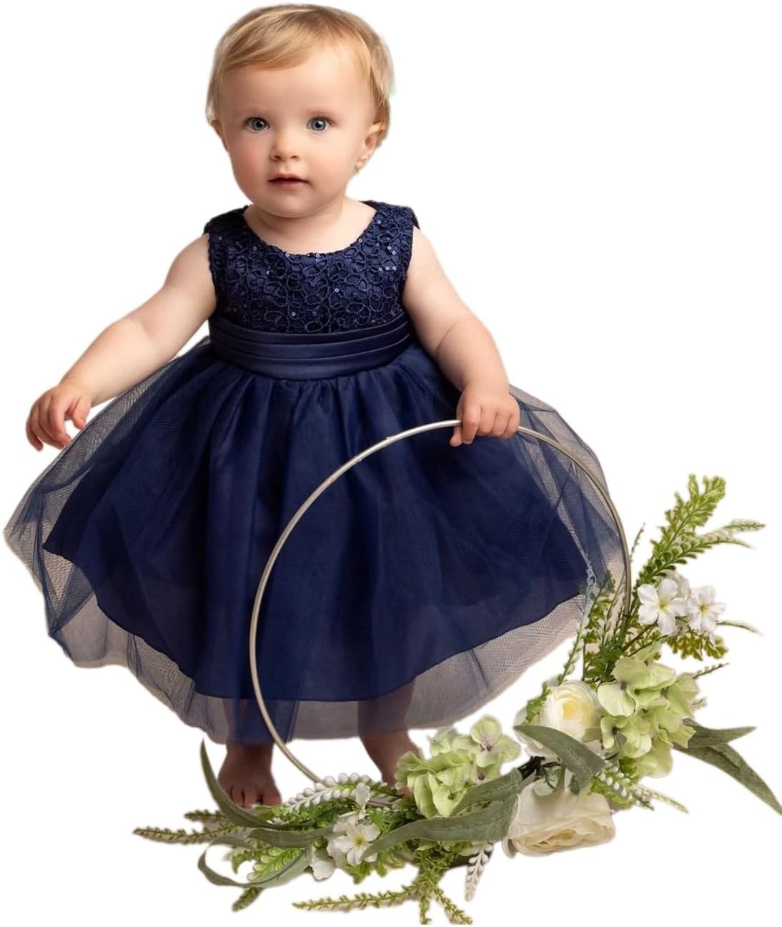Baby Girls Christening Dress with Floral Lace Bodice and Tulle Skirt - Special Occasion Outfit
