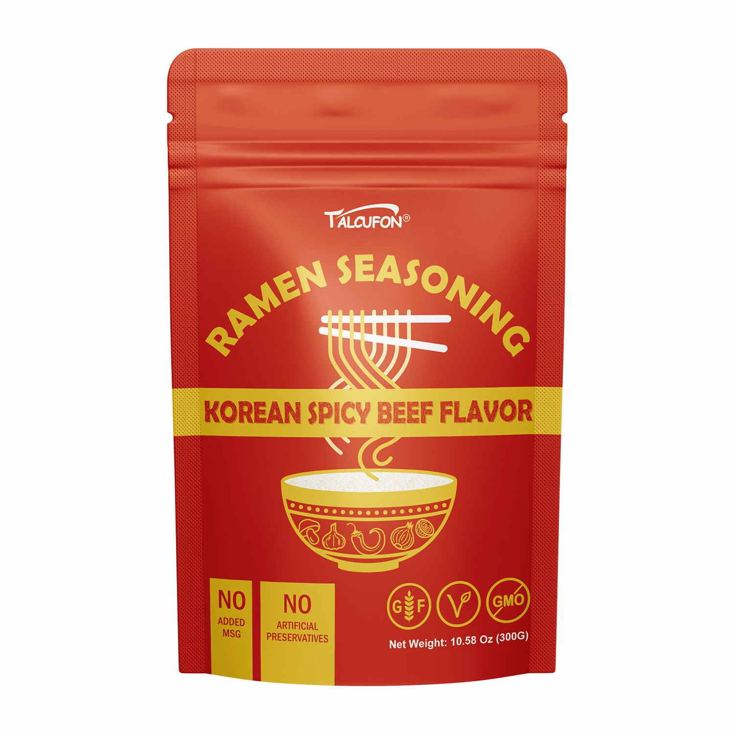 TALCUFON Korean Spicy Beef Ramen Seasoning Reduced Salt Gluten-Free Vegan Korean Noodle Soup Powder for Ramen (10.58 Oz) — BEST BEFORE: 12/25/2027
