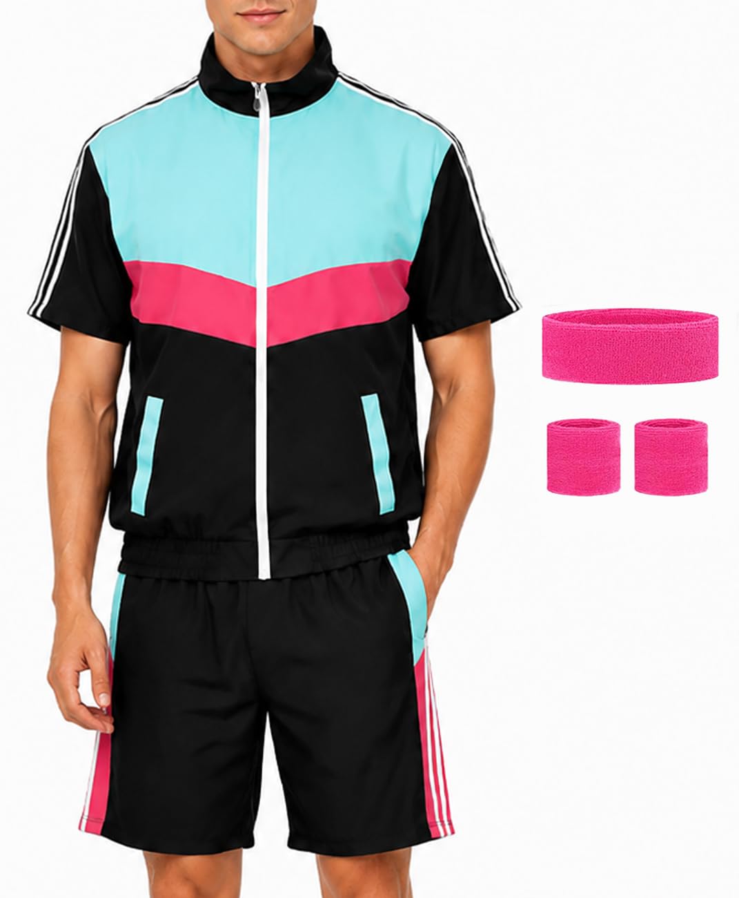 Coseaon 80s Outfit for Men 90s Track Suit Men's Retro Color Block Short Sleeve Jacket Shorts Set Outfits Costumes for Party (US, Alpha, XX-Large, Regular, Regular, Black) โ image 1