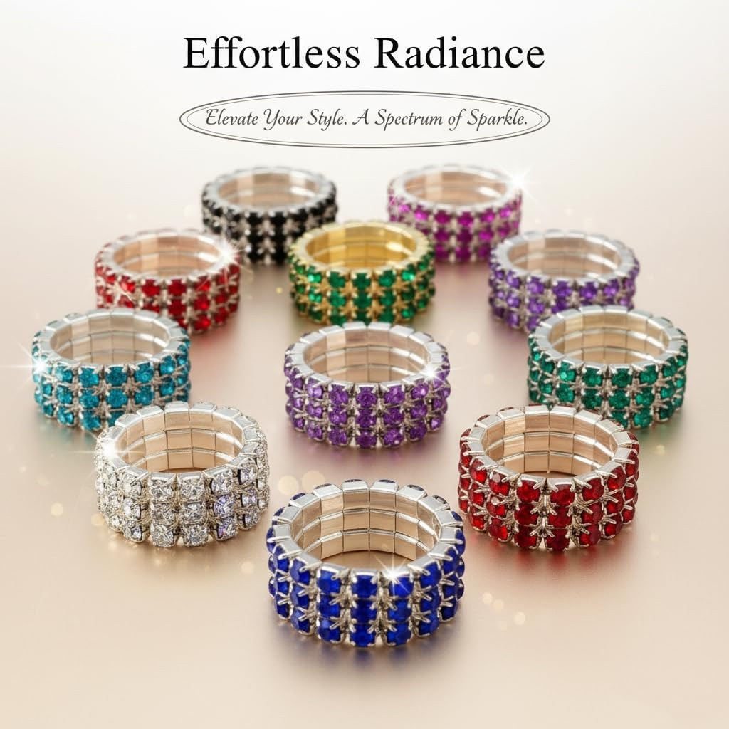 Sparkling Rhinestone Ring Set Trendy Elastic Rhinestone Crystal Stretch Ring Stackable Jewelry for Women Girls