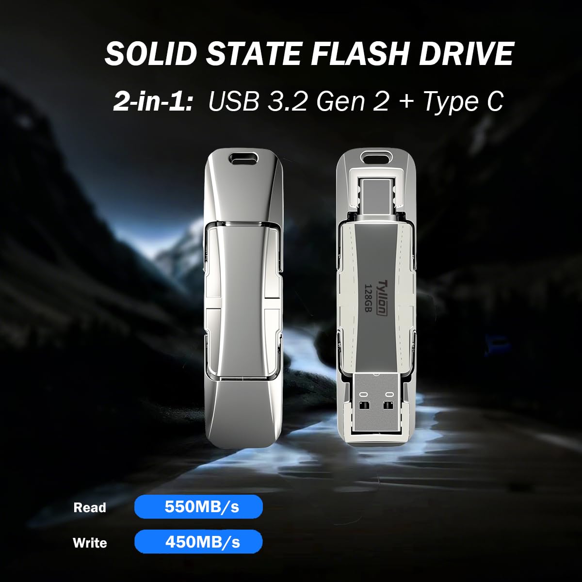 Unidad USB de estado sólido de 128 GB, unidad flash USB 3.2 Gen 2 de alta velocidad de hasta 550 MB/s, unidad USB C y USB A de doble unidad, SSD externa para iPhone 17/16/15, Android, MacBook