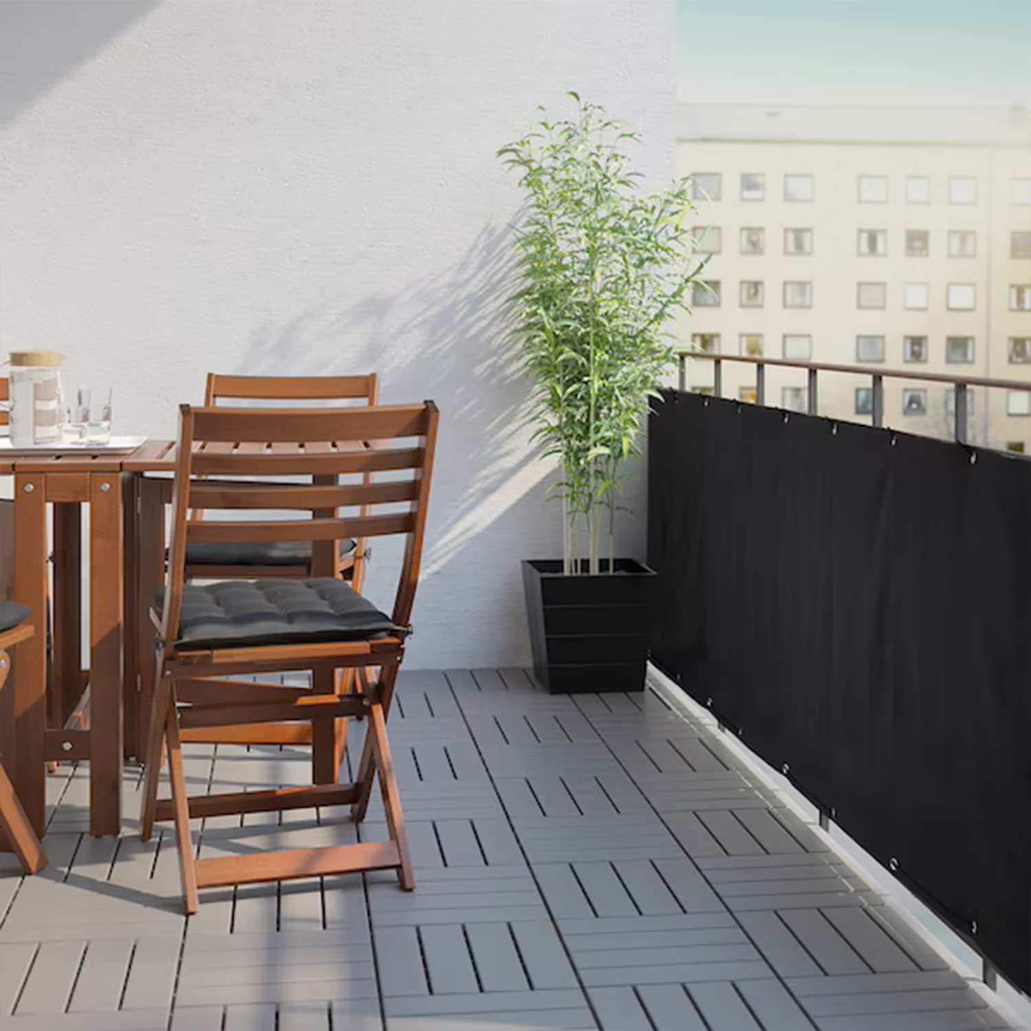 Osłona ogrodzenia balkonowego bez wiercenia, odporna na warunki atmosferyczne, lekka, przezroczysta, 110 x 450 cm, czarna, z opaskami kablowymi i aluminiowymi przelotkami, do ogrodu i patio
