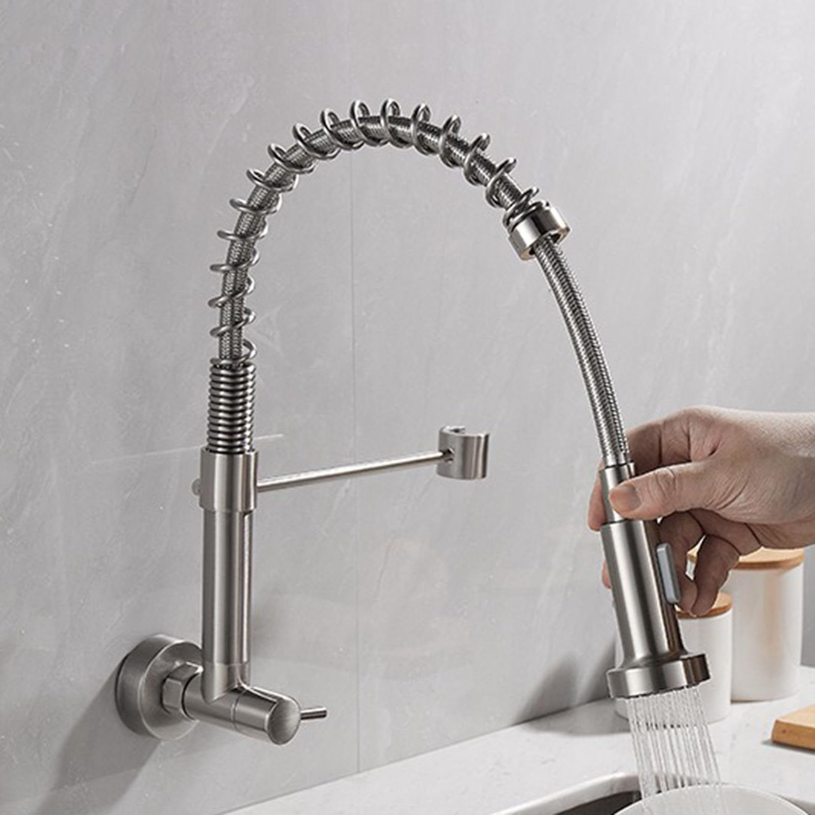Grifo Fregadero de Pared agua Fria Grifo Cocina Muelle, Grifo de Cocina Extensible Monomando Grifo de Pared Cocina Laton Cepillado