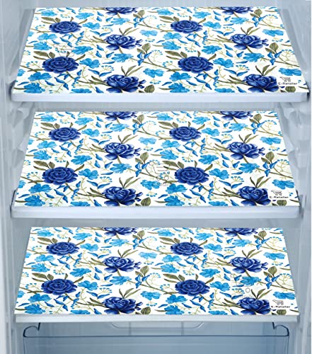Image of Polyester 3-Layered Fridge Top Cover /Refrigerator Cover With Utility Pockets and Set of 3 Pc Fridge Mats (Color-Blue : Size-39x21 Inches)