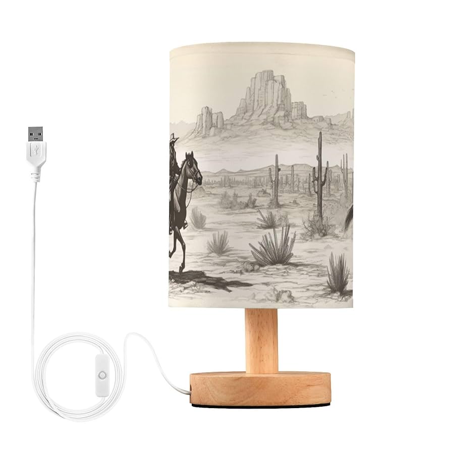 Western Cowboy Bedside Table Lamp for Bedroom Nightstand, Small Eye Care LED Desk Reading Lamp USB Port Wood Base Round Flaxen Fabric Shade for for Kids Room Living Room Office Desk