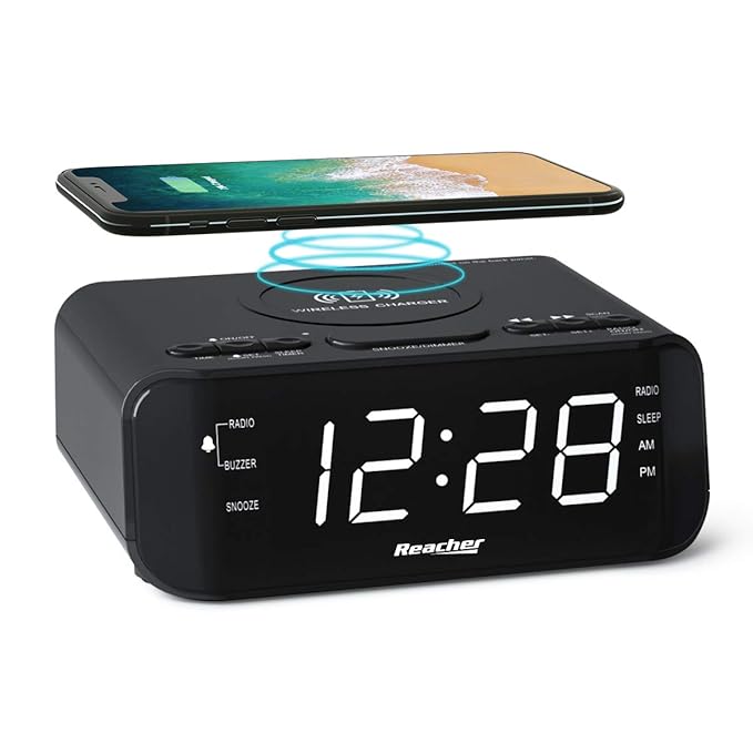 REACHER Digital Radio Alarm Clock with Wireless Charging USB Port