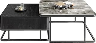 Wttfc Set di 2 Tavolini Sovrapponibili Rettangolo, Tavolini da caffè per Salotto, Tavoli da Divano con 2 Cassetti, Tavolo da Cocktail, Tavolo in Ardesia, Cornice Metallica, Pino Solido