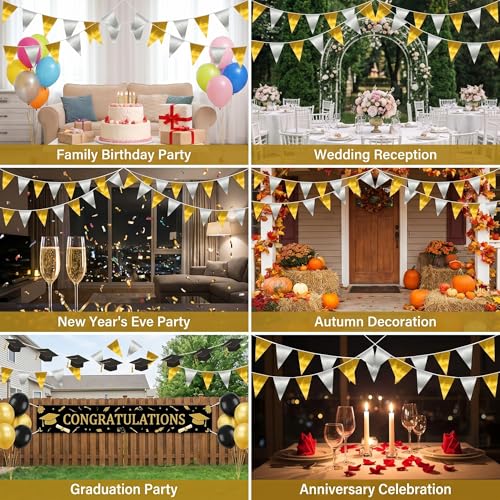 Image of 40M /130FT Gold Silver Triangle Pennant Banner Flag Metallic Fabric Bunting Garland for Christmas Wall Hanging,Graduation Decorations, New Years Decorations,Father' Da