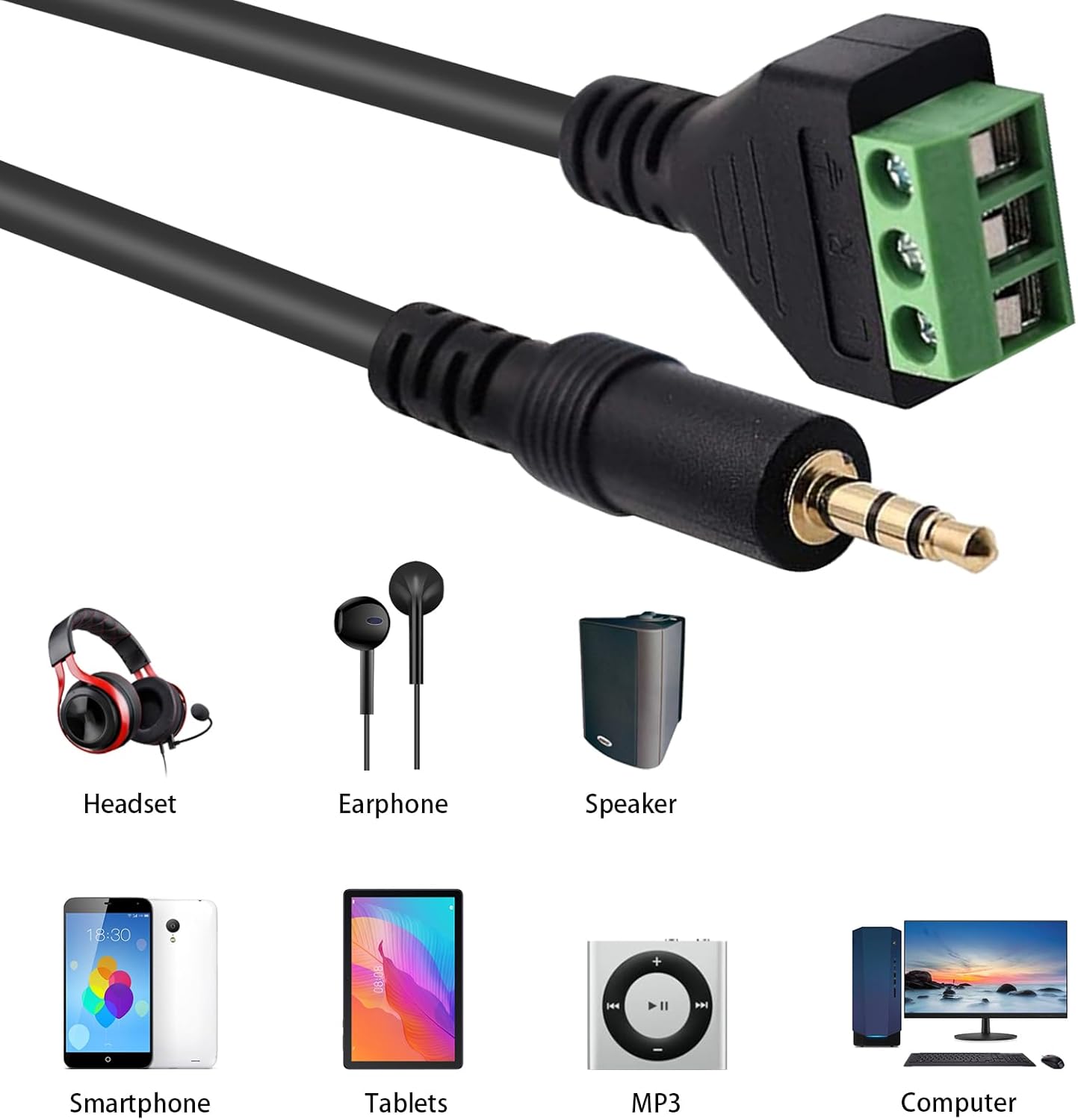 Poyiccot 3.5mm Screw Terminal Connector Cable, 3.5mm(1/8inch) Stereo Audio Balanced Male Jack to AV 3 Pin Screw Terminal Adapter Cable 30cm(1/8inch TRS)