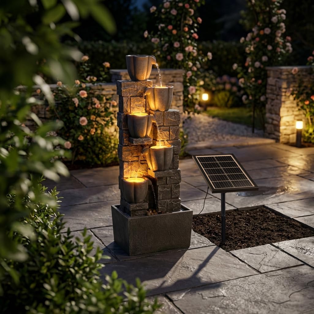 Solar Powered Water Fountain-36.2in.Tall Floor-Standing Outdoor Fountains with Tulip Design - Natural 4 Tiers Waterfall Water Feature for Outside Garden,Backyard,Lawn Decor,Grey