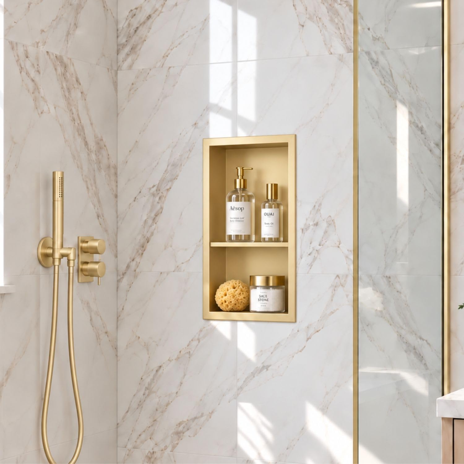 18 x 12 Inch Stainless Steel Shower Niche, No Tile Needed Wall Niche with Double Shelves, Recessed Wall Niche Insert for Bathroom Shower Kitchen Storage, Brush Gold