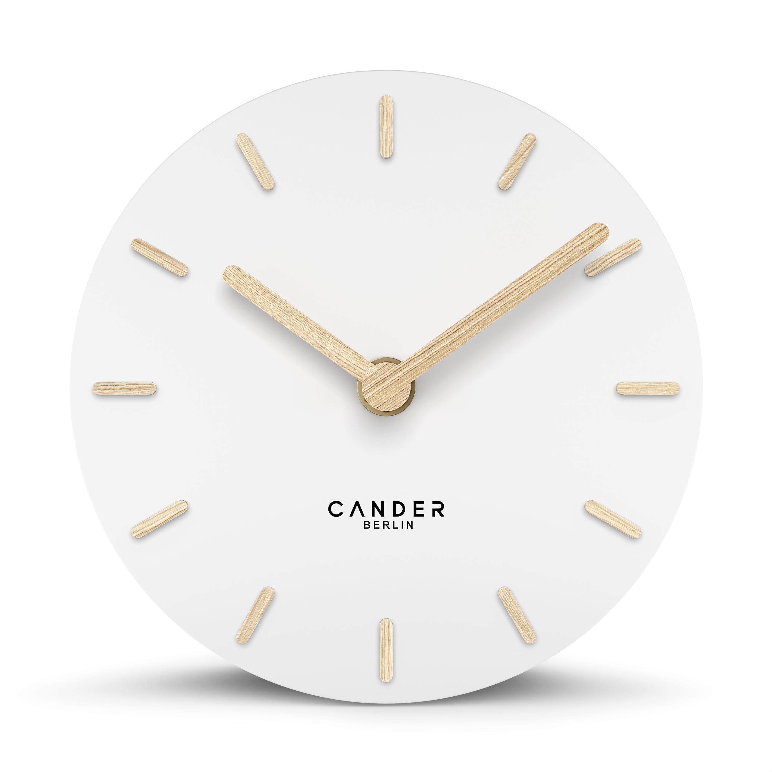 Cander Berlin MNU 2515 F - Reloj de mesa silencioso sin tictac, 15 cm analógico, a batería, color blanco, con puntero de madera MDF