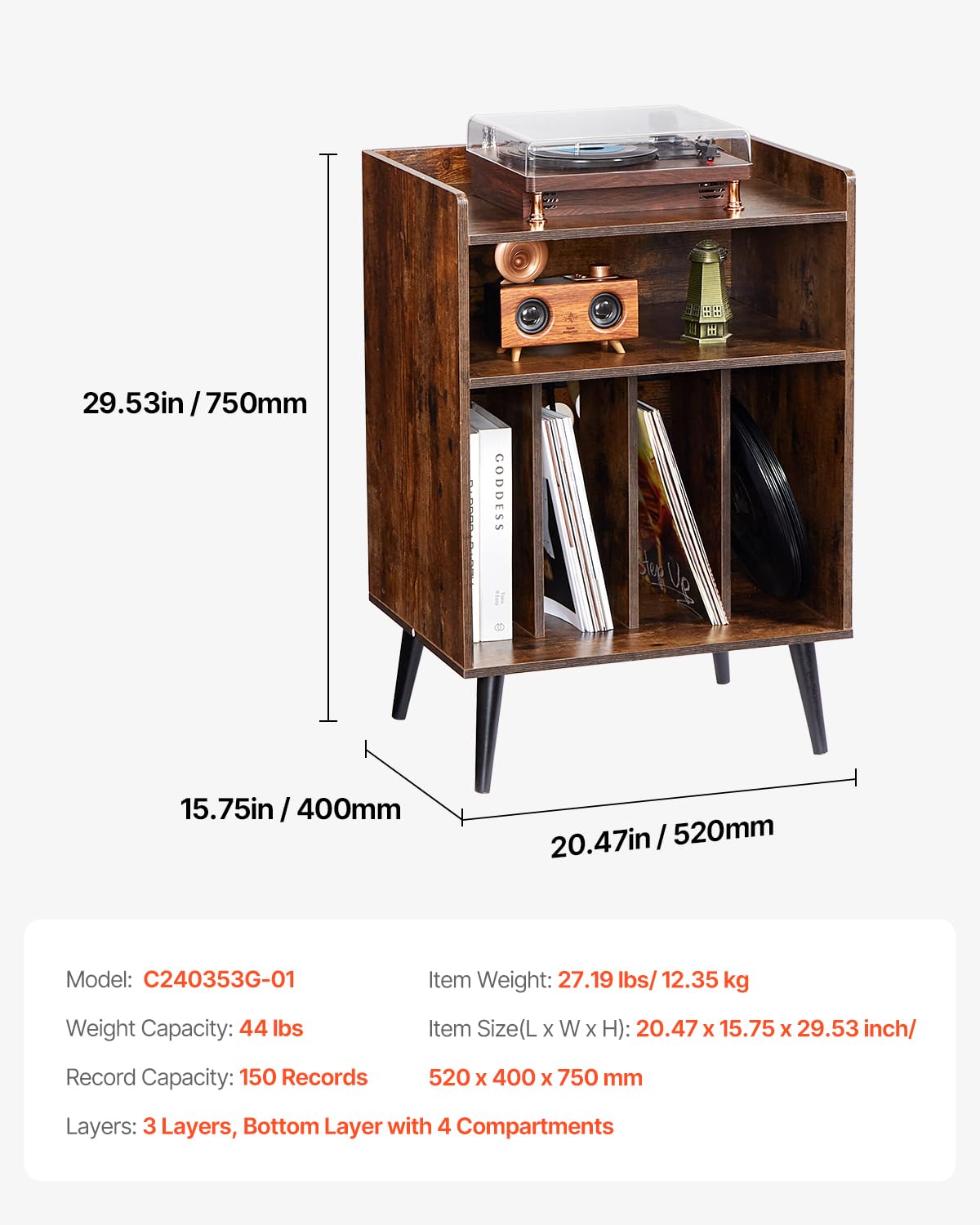VEVOR Meuble Platine Vinyles 3 Niveaux, Support de Tourne-Disque avec Lumière LED, Station de Charge et Ports USB, Capacité 150 Albums, Armoire à Disques Vinyles en Bois, Salon Chambre à Coucher