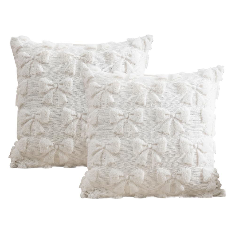 MiOYOOW Bow Throw Pillow Covers, 2PCS Breathable 3D Bows Cushion Covers Soft Sofa Pillowcase with Concealed Zipper for Christmas Birthday Holiday Present Decor