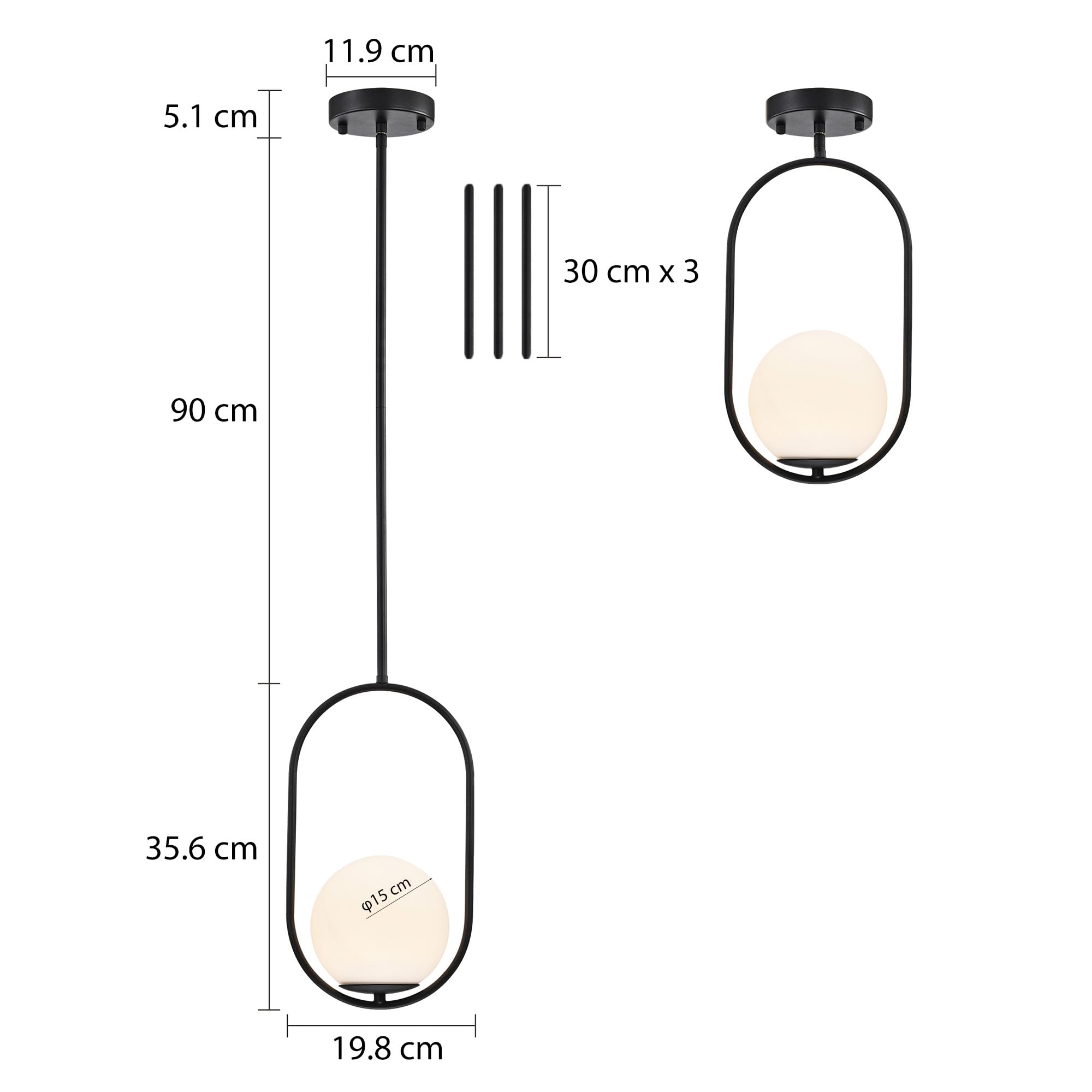 Alighting Pendelleuchte Schwarz mit Milchglas Kugel Ø15 cm | Höhenverstellbare Hängelampe Modern, E14 Glas Pendellampe für Esstisch, Küche, Schlafzimmer, ohne Leuchtmittel