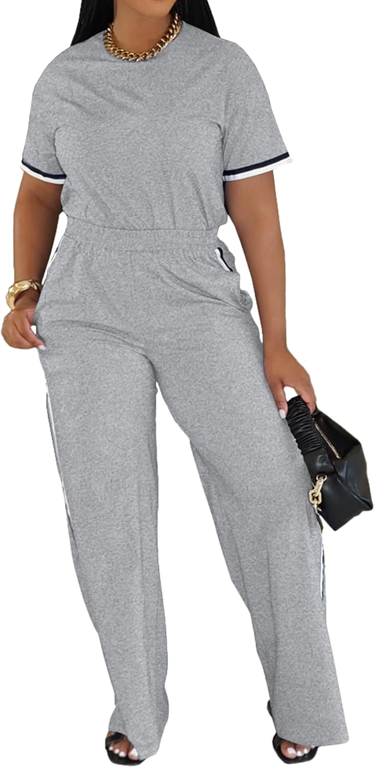 Ulovmi Womens 2 Piece Outfits Short Sleeve Top Wide Leg Pants Tracksuit Casual Lounge Sets - Image 2