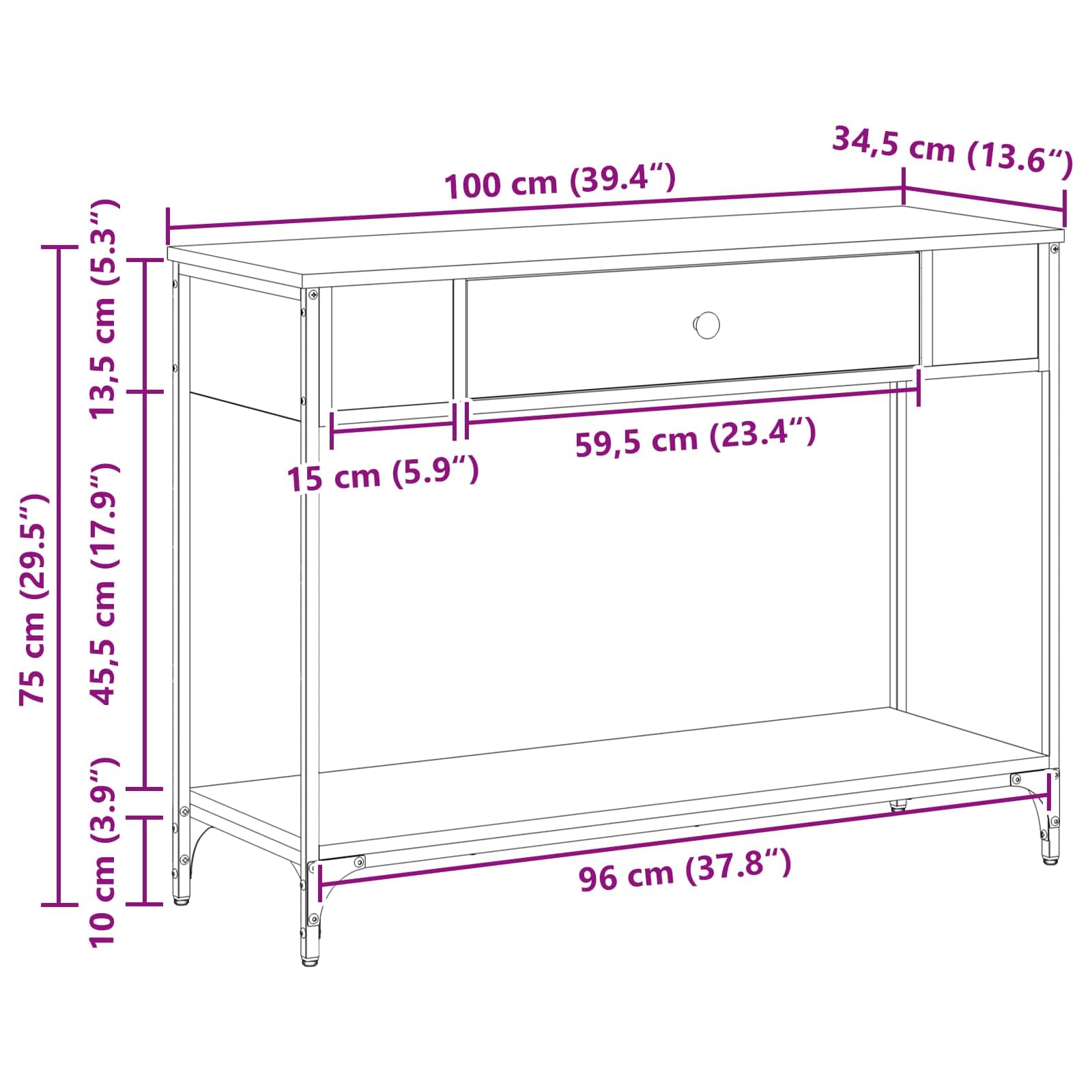 Stolik konsolowy, czarny, imitacja dębu, 100 x 34,5 x 75 cm, materiał drewnopochodny z szufladą i regałem, stabilny stolik pomocniczy do salonu, korytarza, sypialni