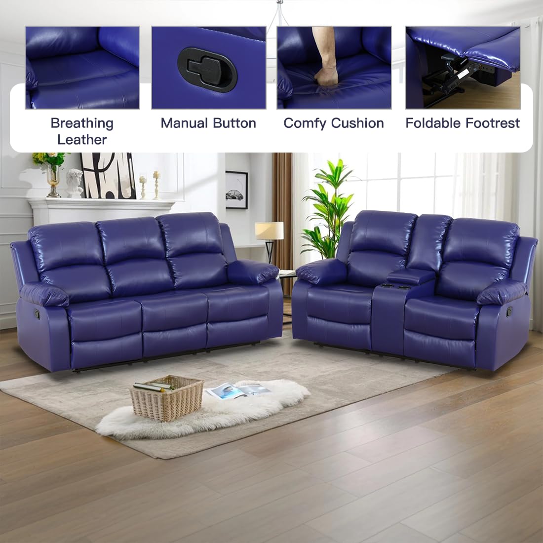 Toseslo Living Room Furniture Sets, Manual Reclining Sofa and Lovseat Set with Drop-Down Table, Leather Recliner Couch Sets, Recliner Sofa with Storage Console/Cup Holder for Home/Apartment(Blue) view 4