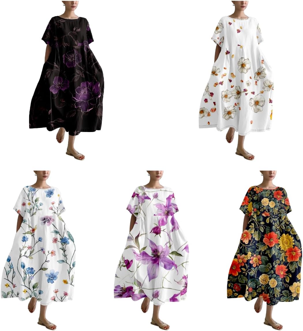 Plus Size Boho Summer Dresses Trendy Japanese Art T Shirt Dress A-line Crew Neck Short Sleeve Summer Dresses - Image 3