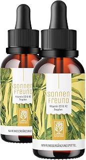 NATURTREU® Vitamin D3 K2 Tropfen hochdosiert & vegan - 100% pflanzlich (ohne tierisches Lanolin) - 1000 IE Vitamin D + Vitamin K2 - Sonnenfreund (2er Pack)