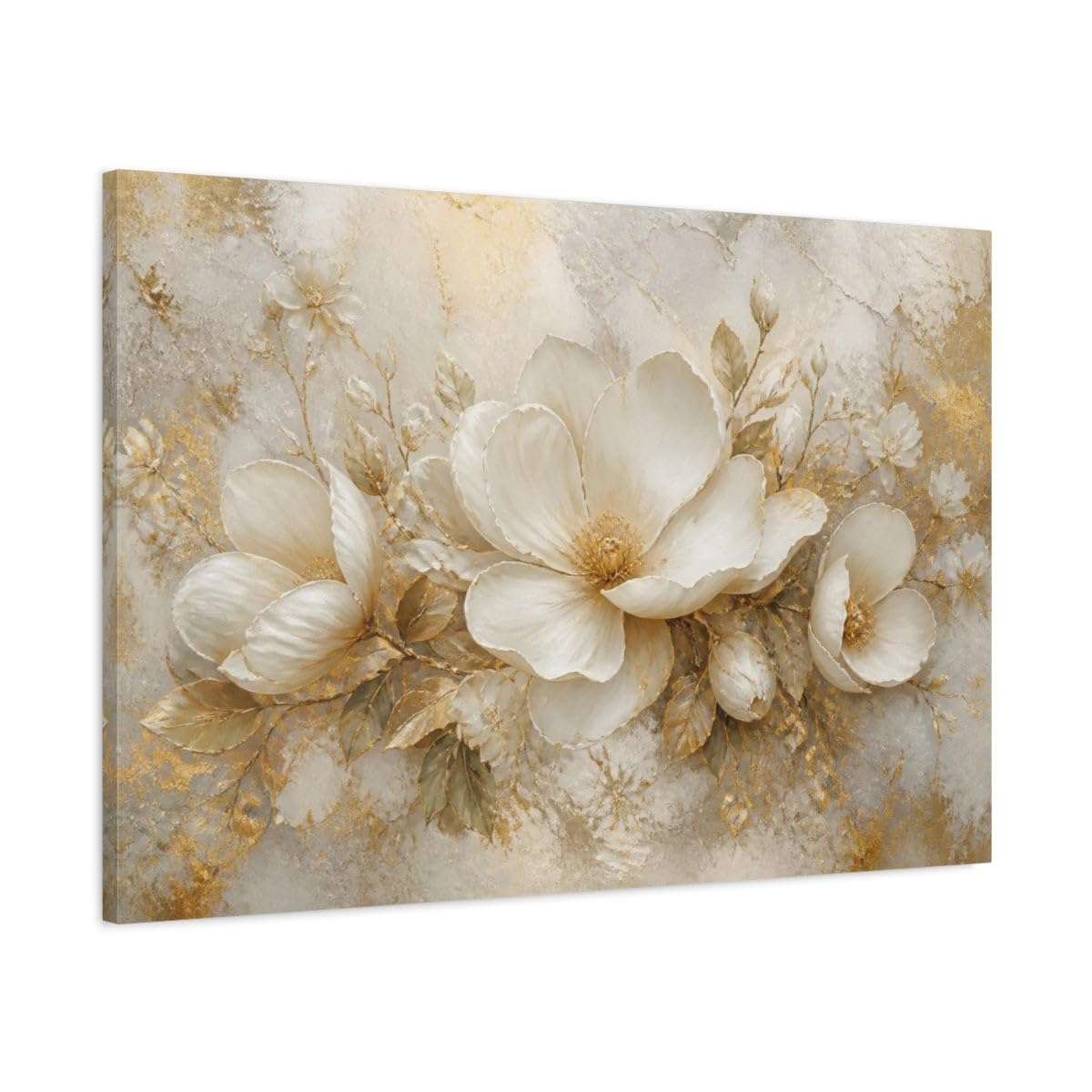 Luxurious White Blooms Canvas Print – Living Room, Above Couch 36×24 inch (90×60 cm) - Horizontal / 1.25 inch (3 cm)