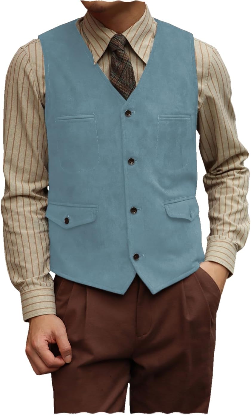 BYLUNTA Mens Vest Suede Waistcoats Imitation Cowhide Vest Retro Casual Western Suede Vest