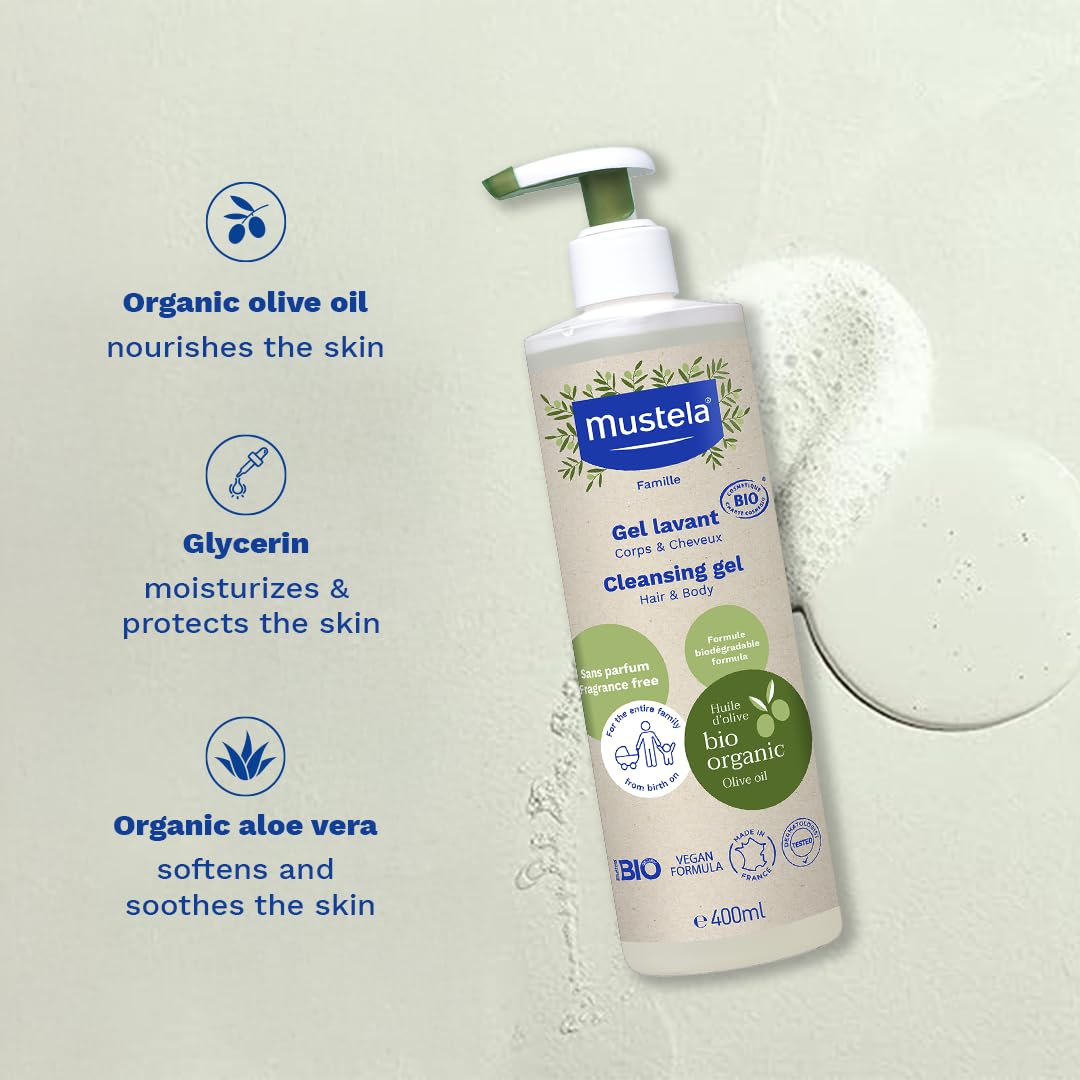 Mustela wegański organiczny żel czyszczący z oliwą z oliwek, aloesem i gliceryną, ciało i włosy, niemowlę, cała rodzina - delikatne czyszczenie bez suszenia, 99% składników pochodzenia naturalnego
